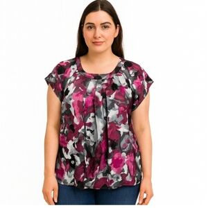 Signature by Larry Levine Pink Gray Floral Flowy Top Sz XL